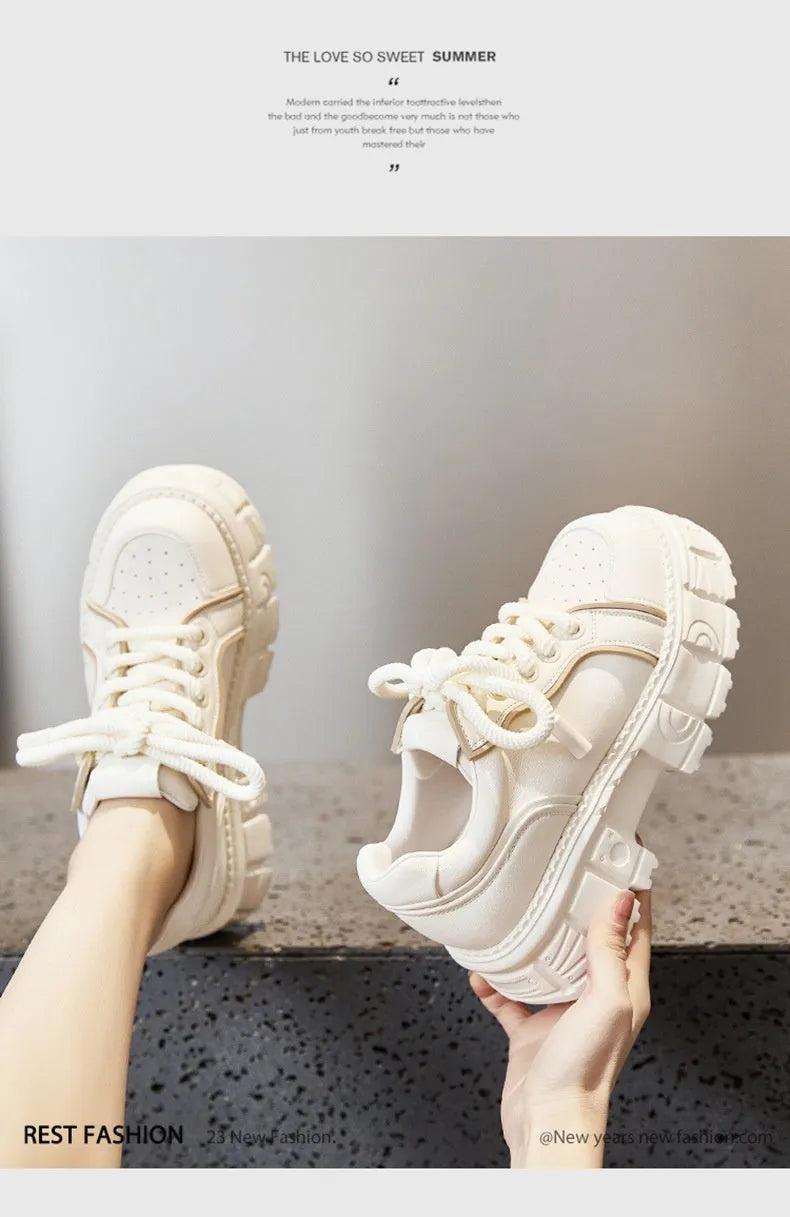 Beige leather casual shoes with muffin bottom spring design for height increase