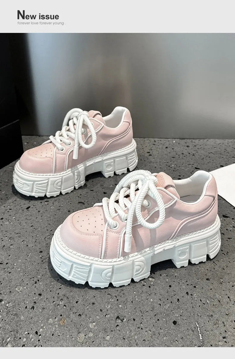 Beige leather casual shoes with muffin bottom spring design for height increase