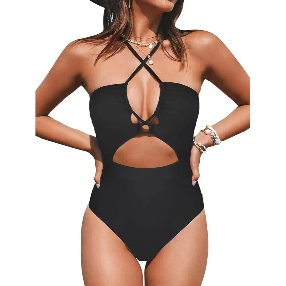 Women's solid colour backless one-piece swimsuit in polyester with high elasticity