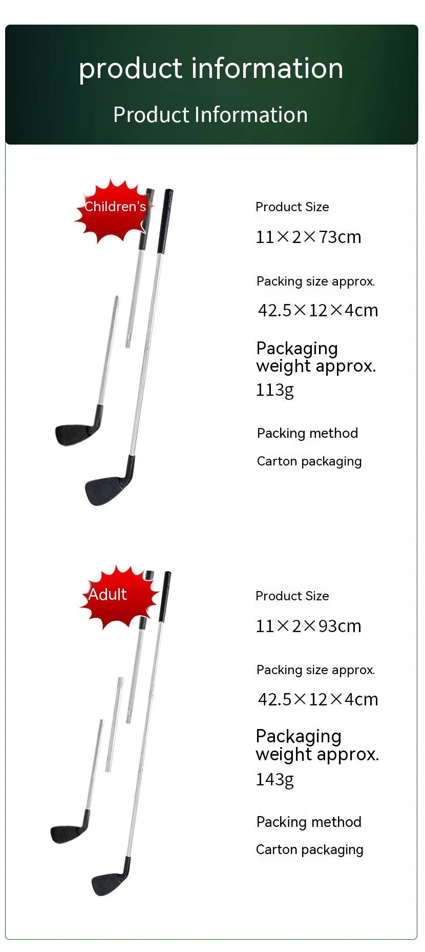 Metal golf club set showing adult and children's sized clubs for outdoor sports practice