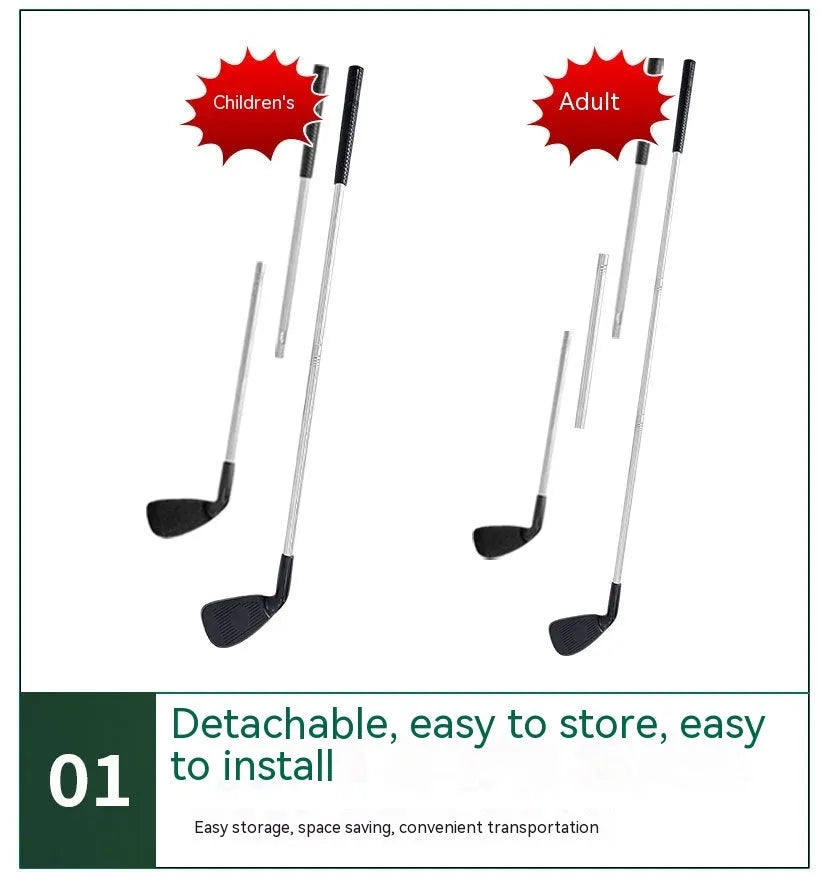 Metal golf club set showing adult and children's sized clubs for outdoor sports practice