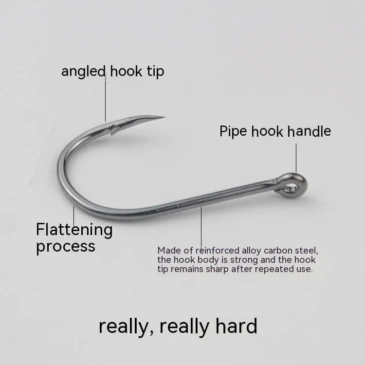 Barbed fishing hooks with hole ring in a bulk pack on a blue background.