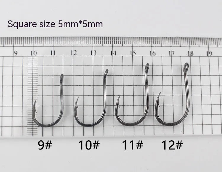 Barbed fishing hooks with hole ring in a bulk pack on a blue background.