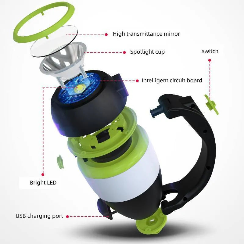 Black green multifunctional LED lamp with folding stand, shown in camping and desk use settings.