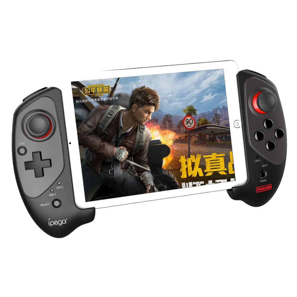 Red telescopic Bluetooth gamepad controller extended to hold a smartphone, with USB cable.