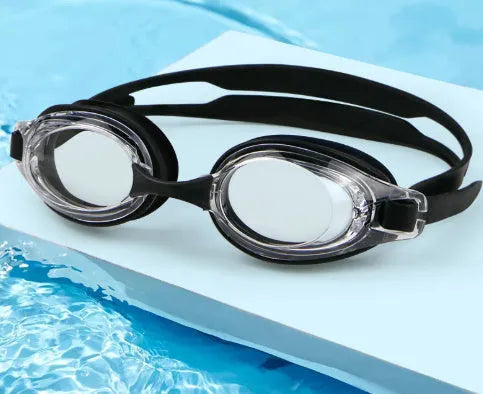 Black HD swimming goggles with a corrective lens for myopia, shown with a protective case.