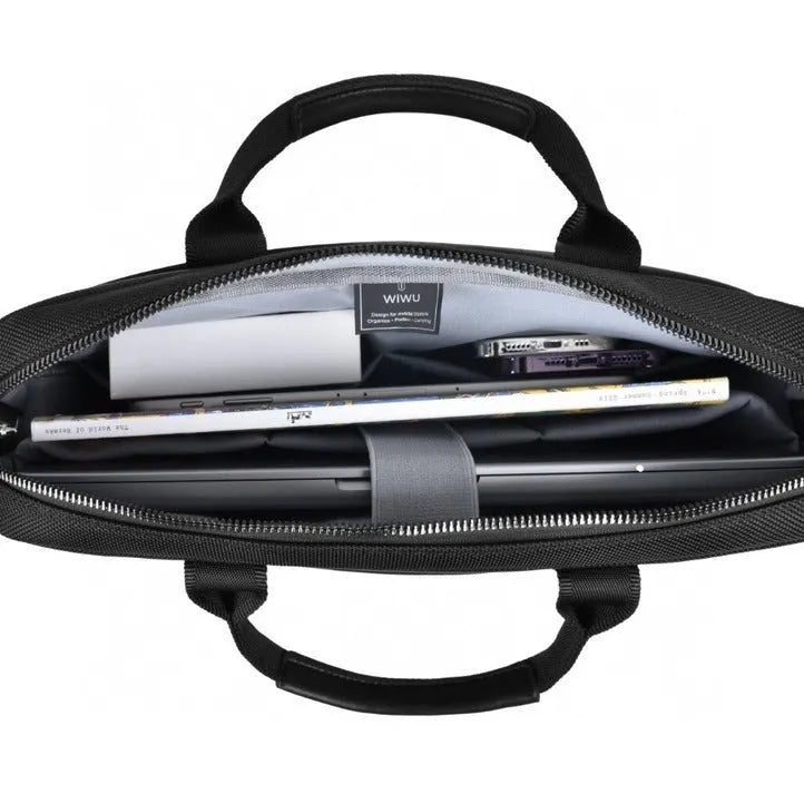 Black Oxford cloth laptop backpack with multiple pockets and a lock, shown in 14-inch and 15.6-inch sizes.