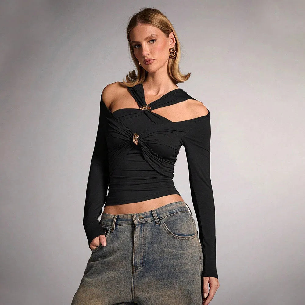 Black women's polyester halter top with slim fit, long sleeves, and shoulder-baring design