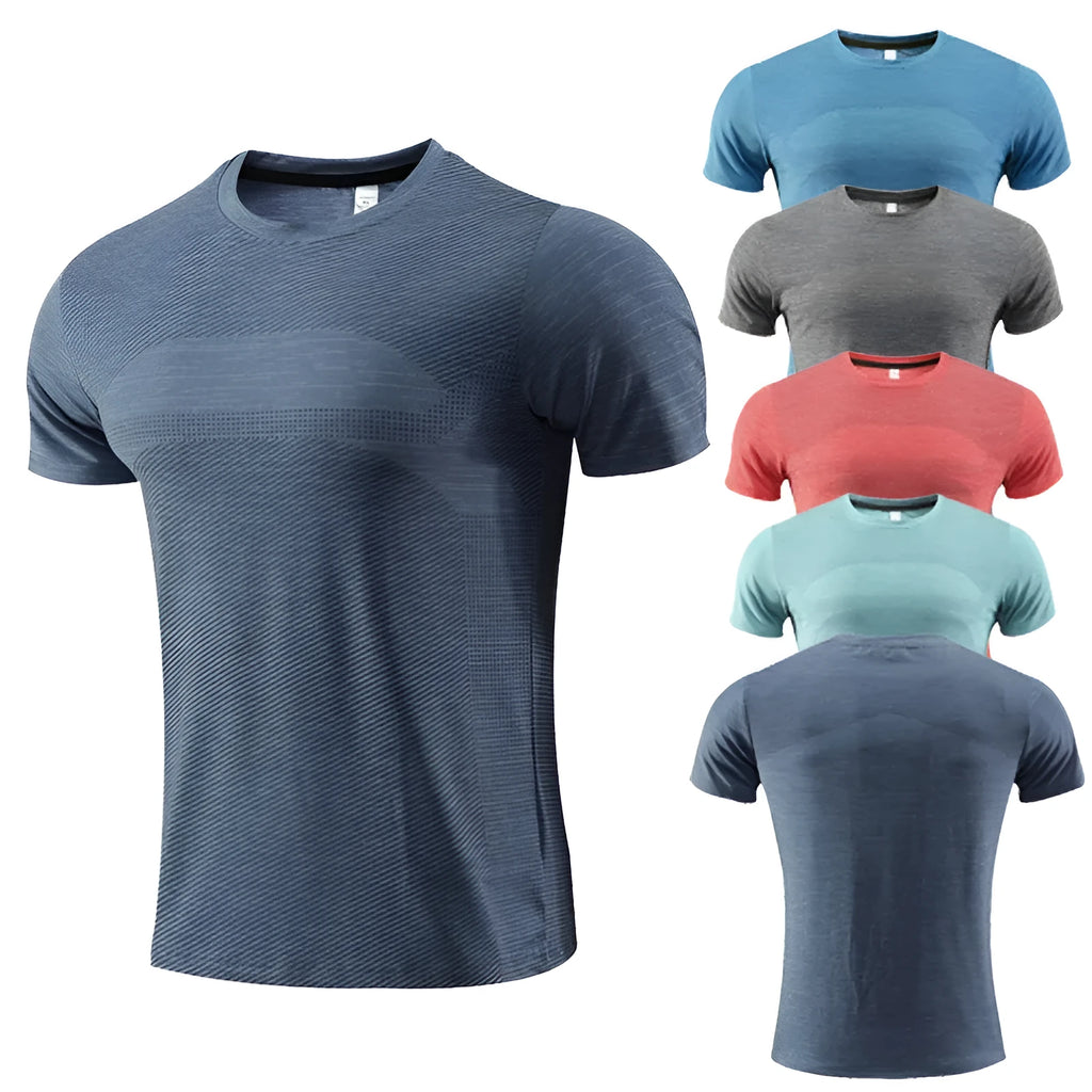 Short-sleeved red running T-shirt made from polyester spandex fabric on a size chart
