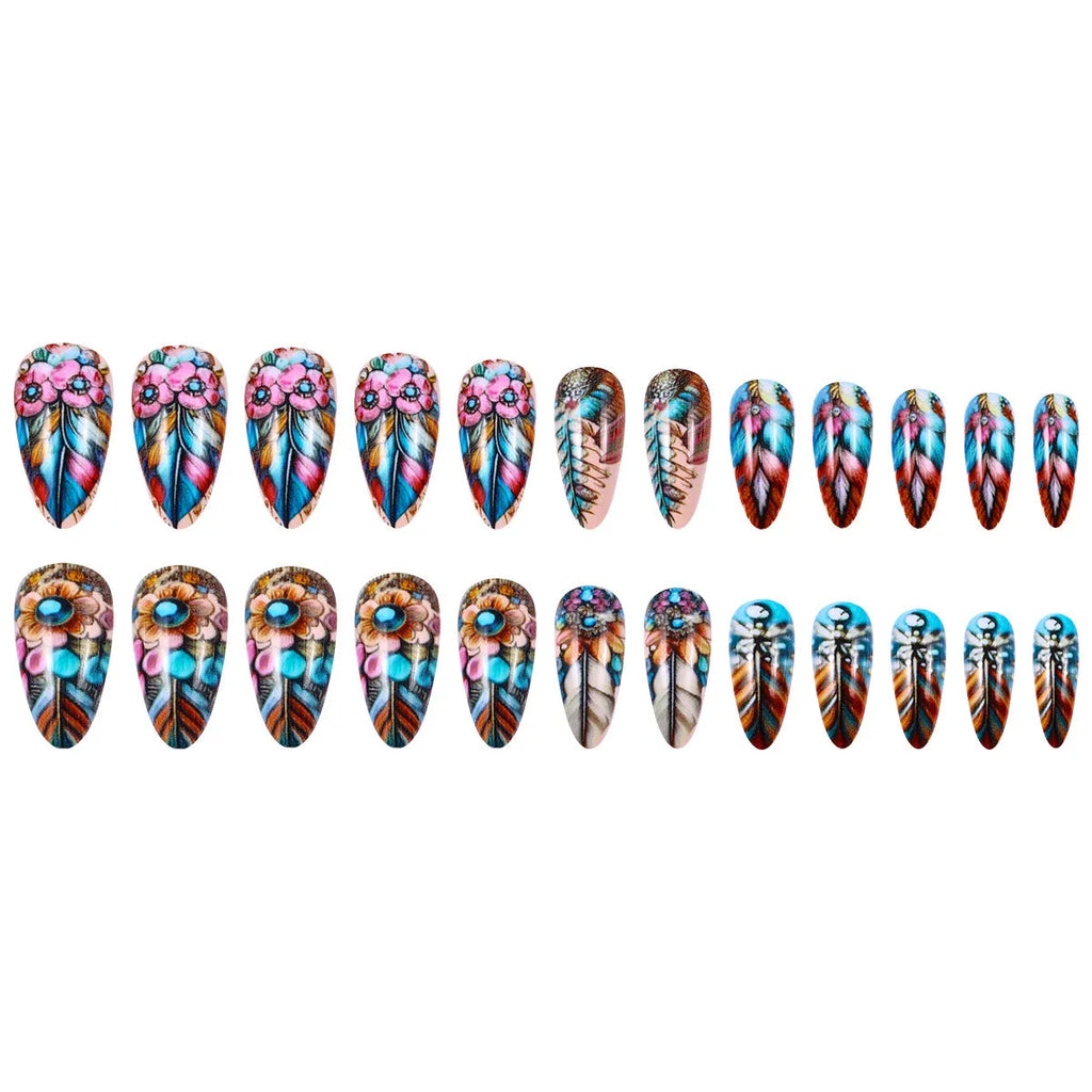 Retro colour feather nail art set with jelly glue burnishing stick and decorative patterns.