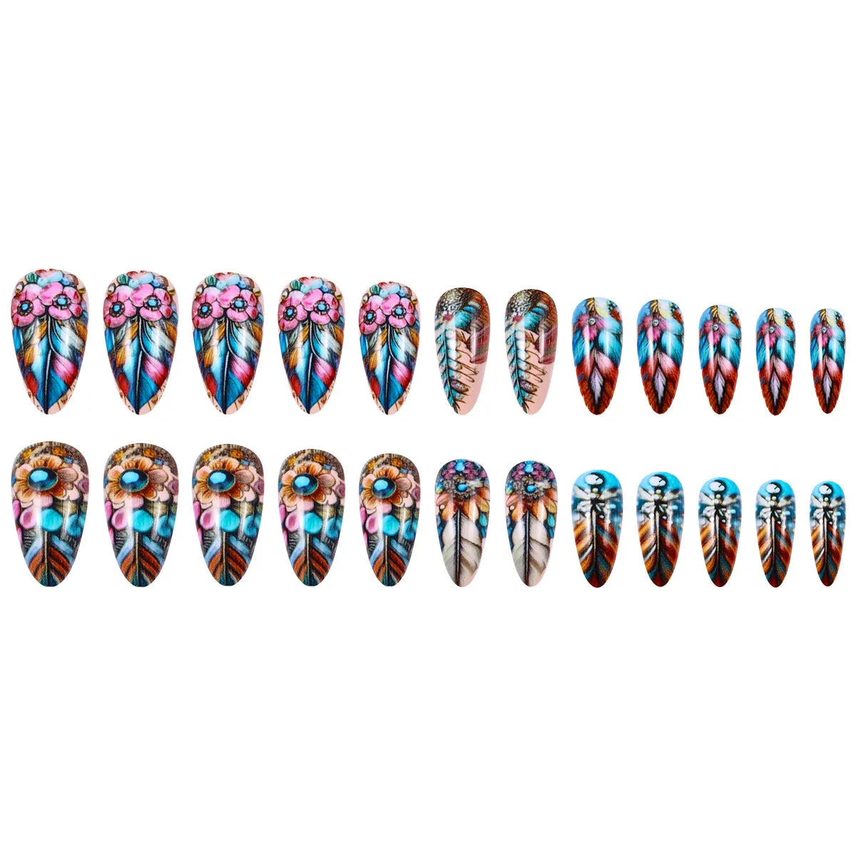 Retro colour feather nail art set with jelly glue burnishing stick and decorative patterns.