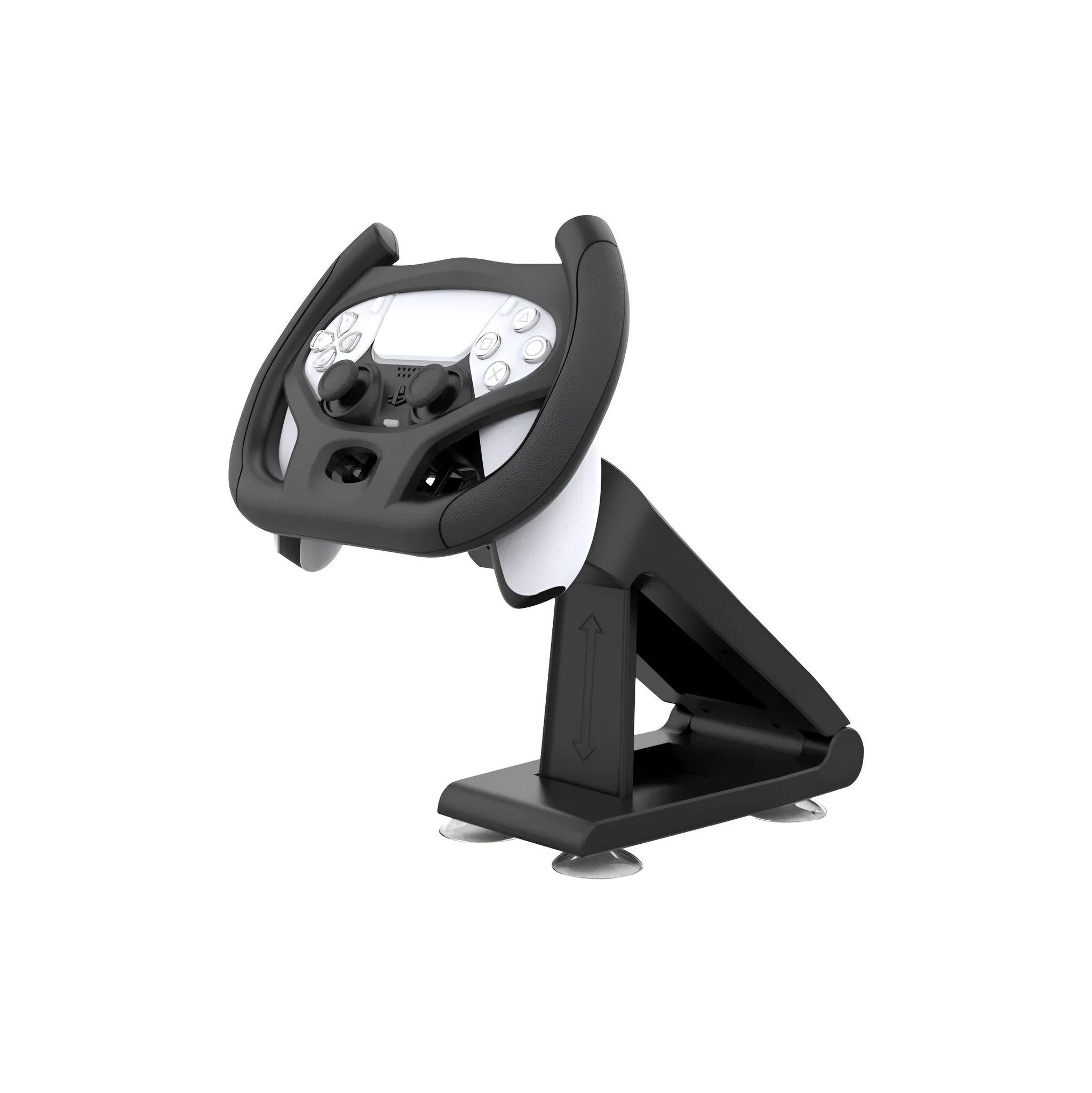 Black ABS plastic gamepad steering wheel bracket with suction cup base mounted to a table