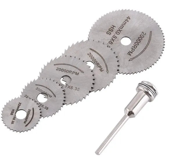 Six circular saw blades with mandrel for woodworking, high-speed steel construction with 10-25mm diameter range
