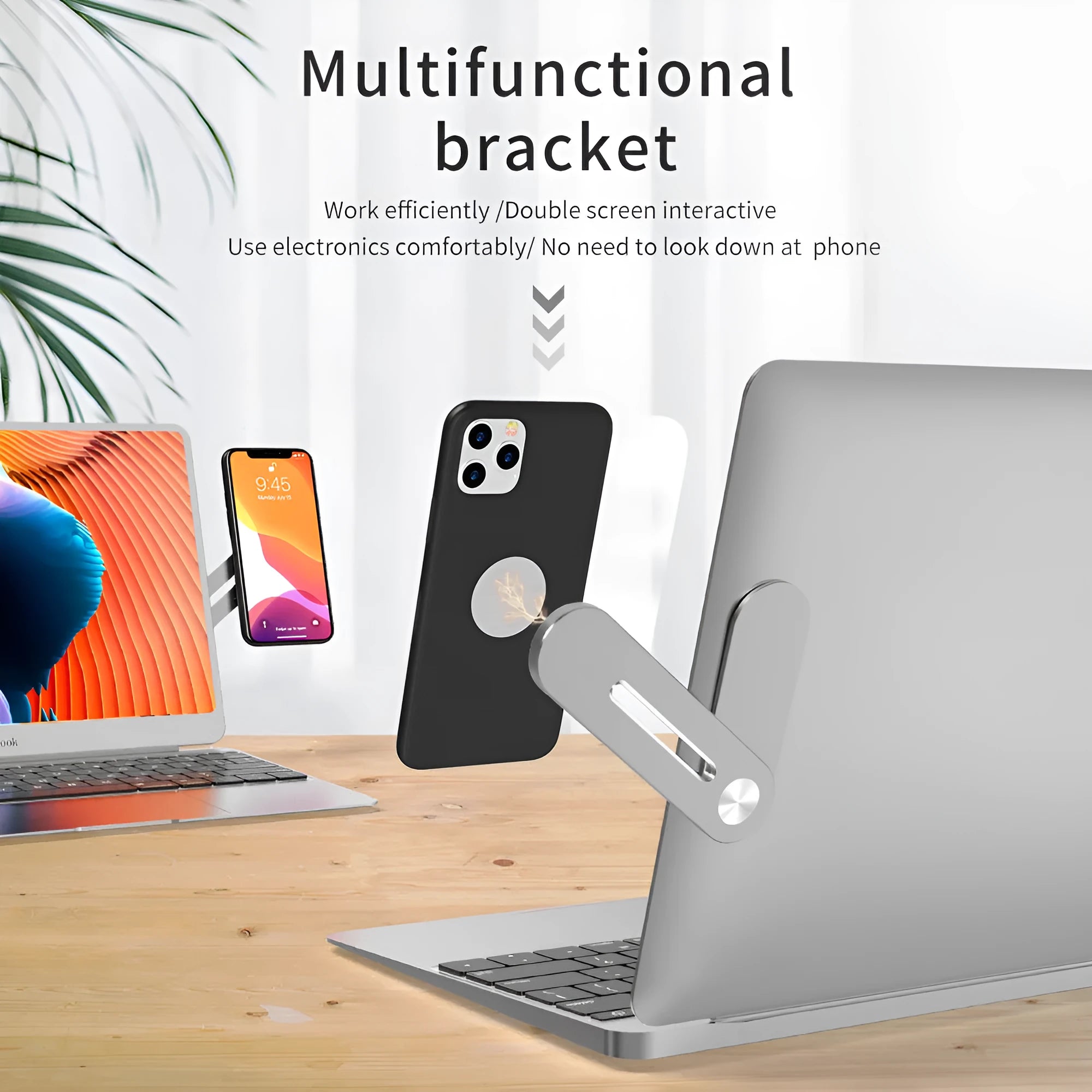 Silver aluminium laptop side mount bracket holding a tablet next to a laptop screen