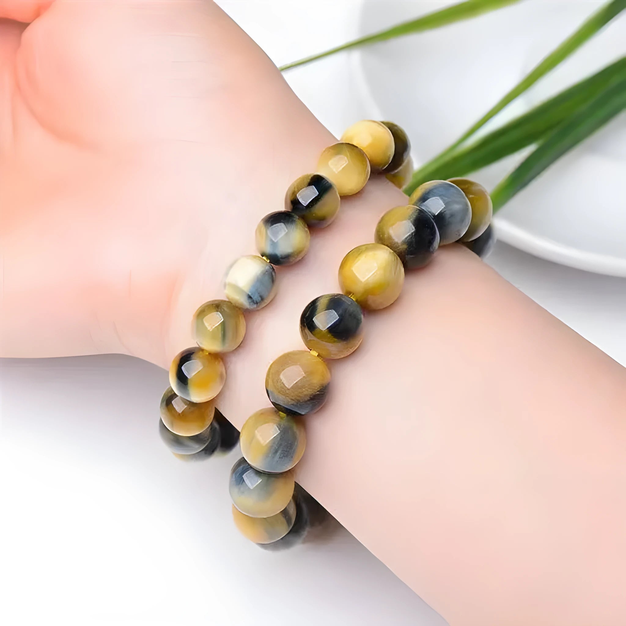 Handmade fantasy tiger eye agate unisex bracelet with round beads in 8mm, 10mm or 12mm sizes.