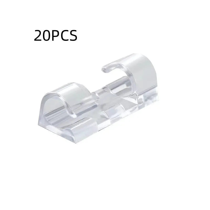 Transparent self-adhesive plastic cable management clips in a pack of 20 pieces.