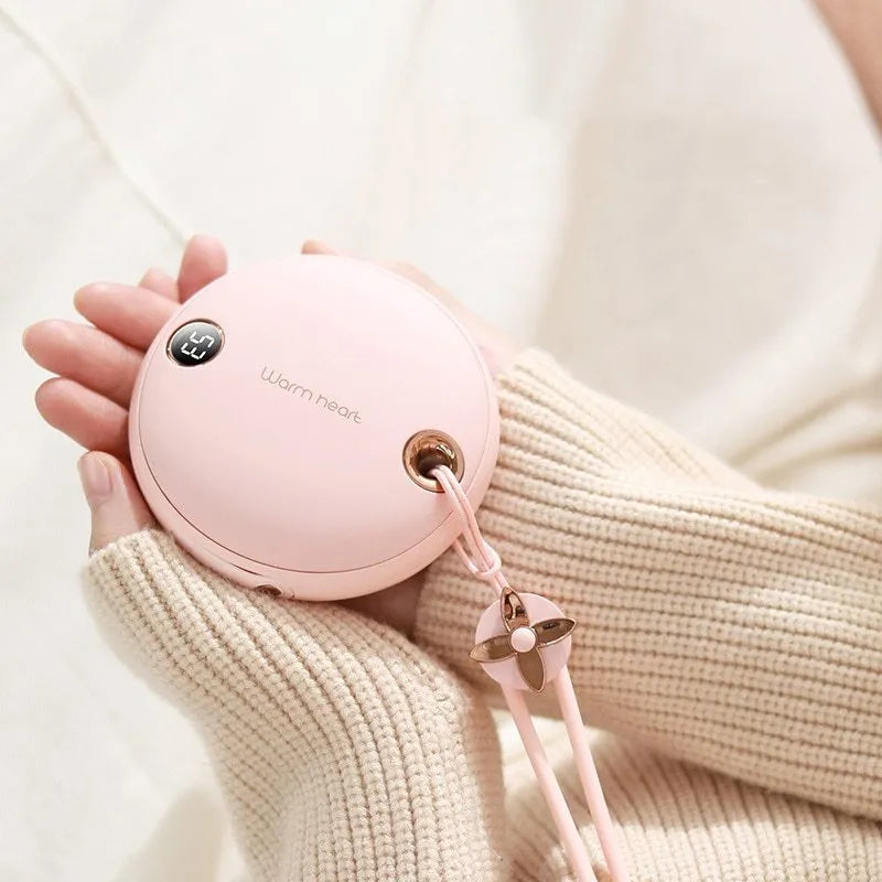 5000mAh hand warmer power bank with digital display in green, pink, or white colours