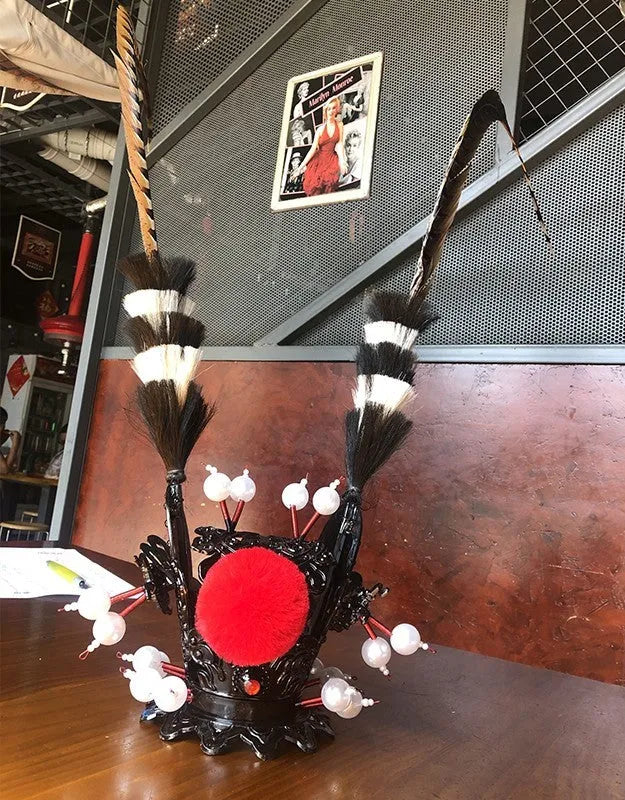 Zijin crown feather motorcycle helmet decoration with black crown and long feathered ornaments for bike helmet customisation
