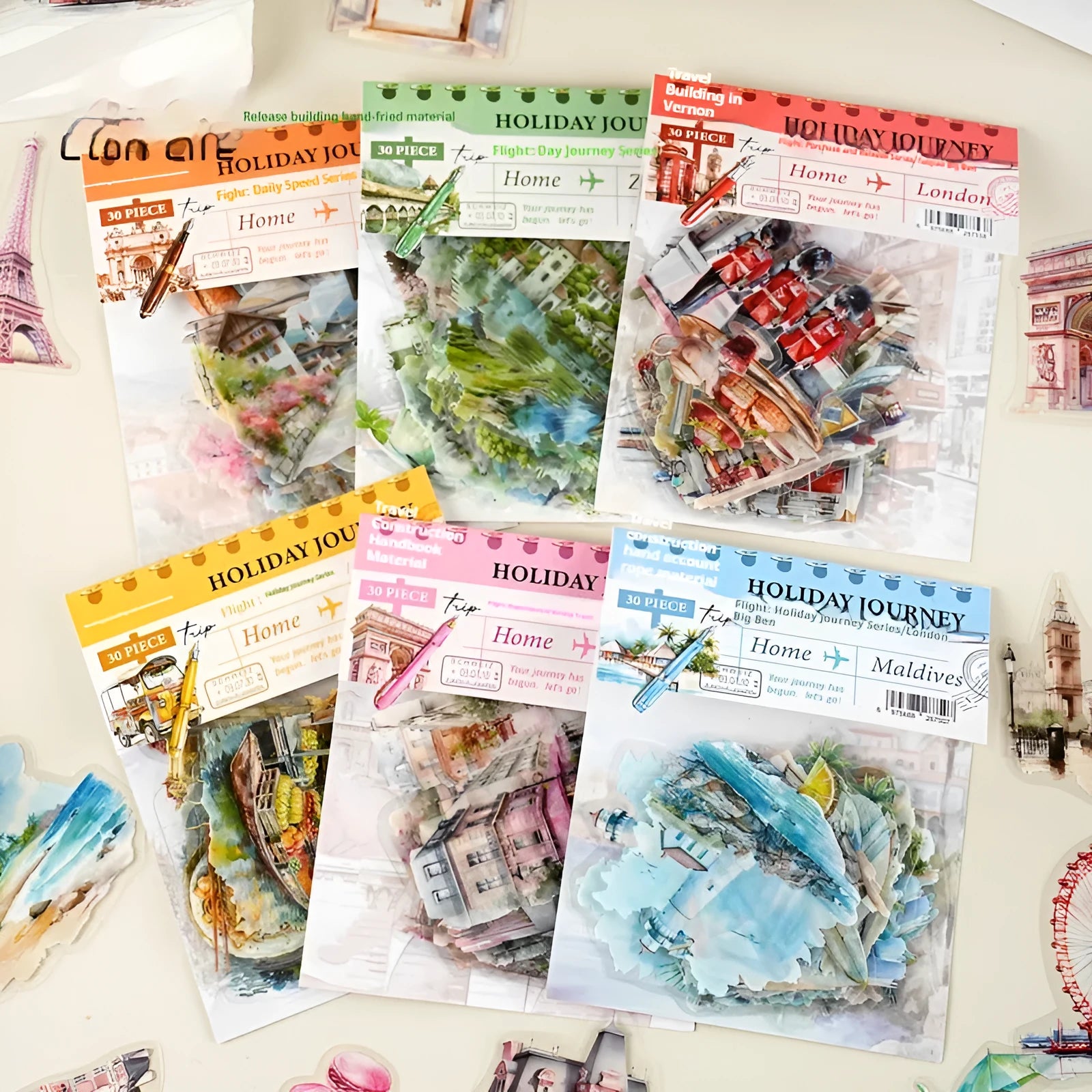 Holiday Journey Series retro architecture stickers with six landmark designs including Big Ben and Arc de Triomphe