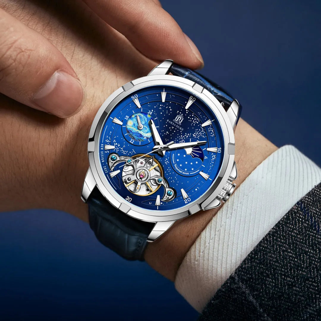 Men's blue dial automatic mechanical watch with stainless steel 14mm case