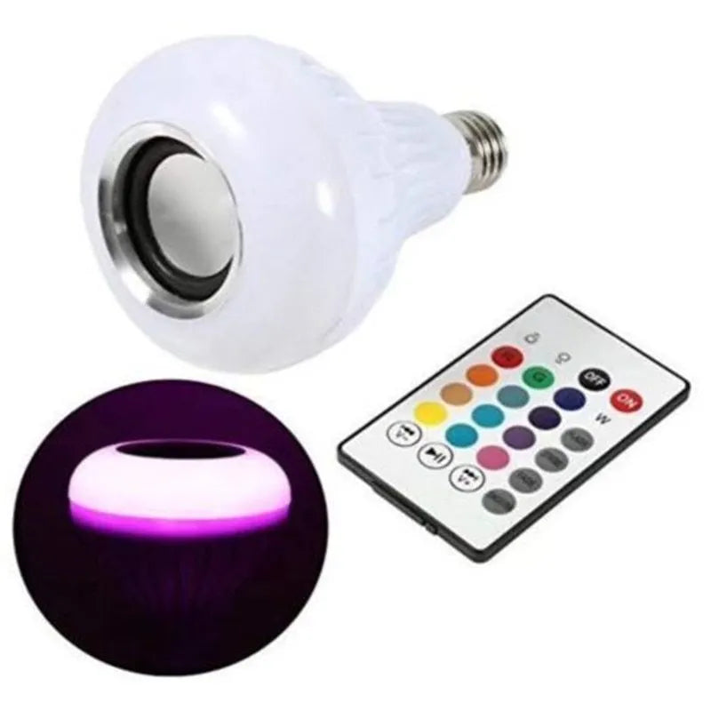 White smart LED bulb with E27 base featuring Bluetooth speaker and remote for colour control.