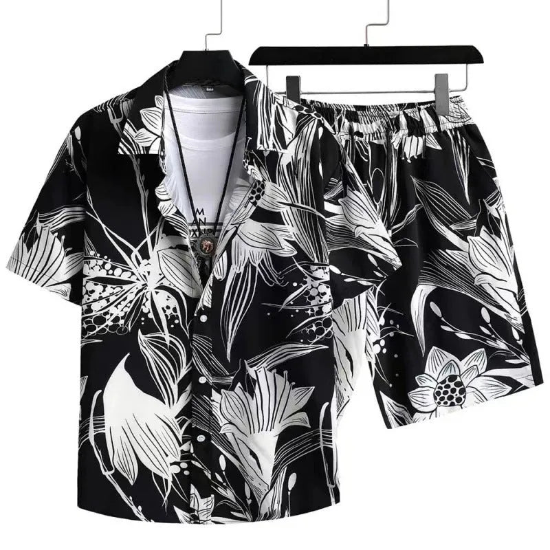 Man wearing a digitally printed short sleeve cardigan and matching shorts casual suit.