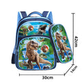 Blue children's backpack with anime cartoon print showing front compartment and shoulder straps
