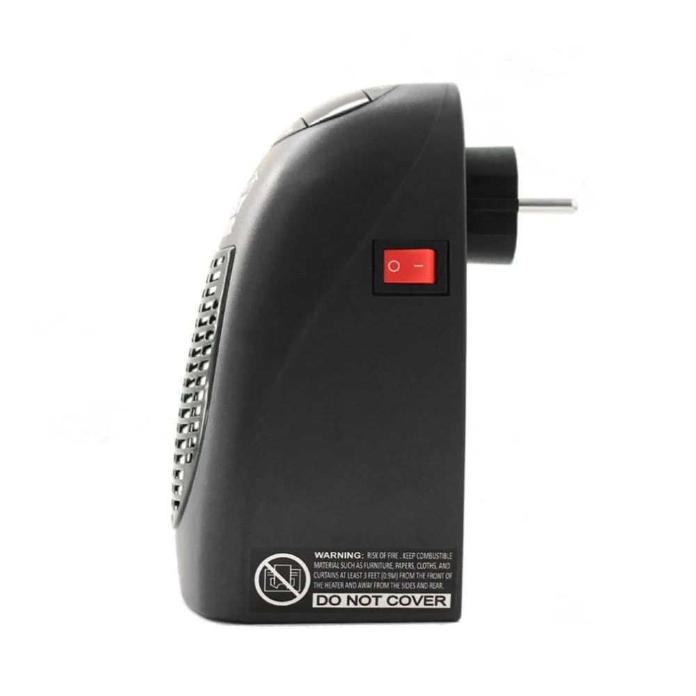 Black mini portable electric heater showing digital display and rotating plug on a white background.