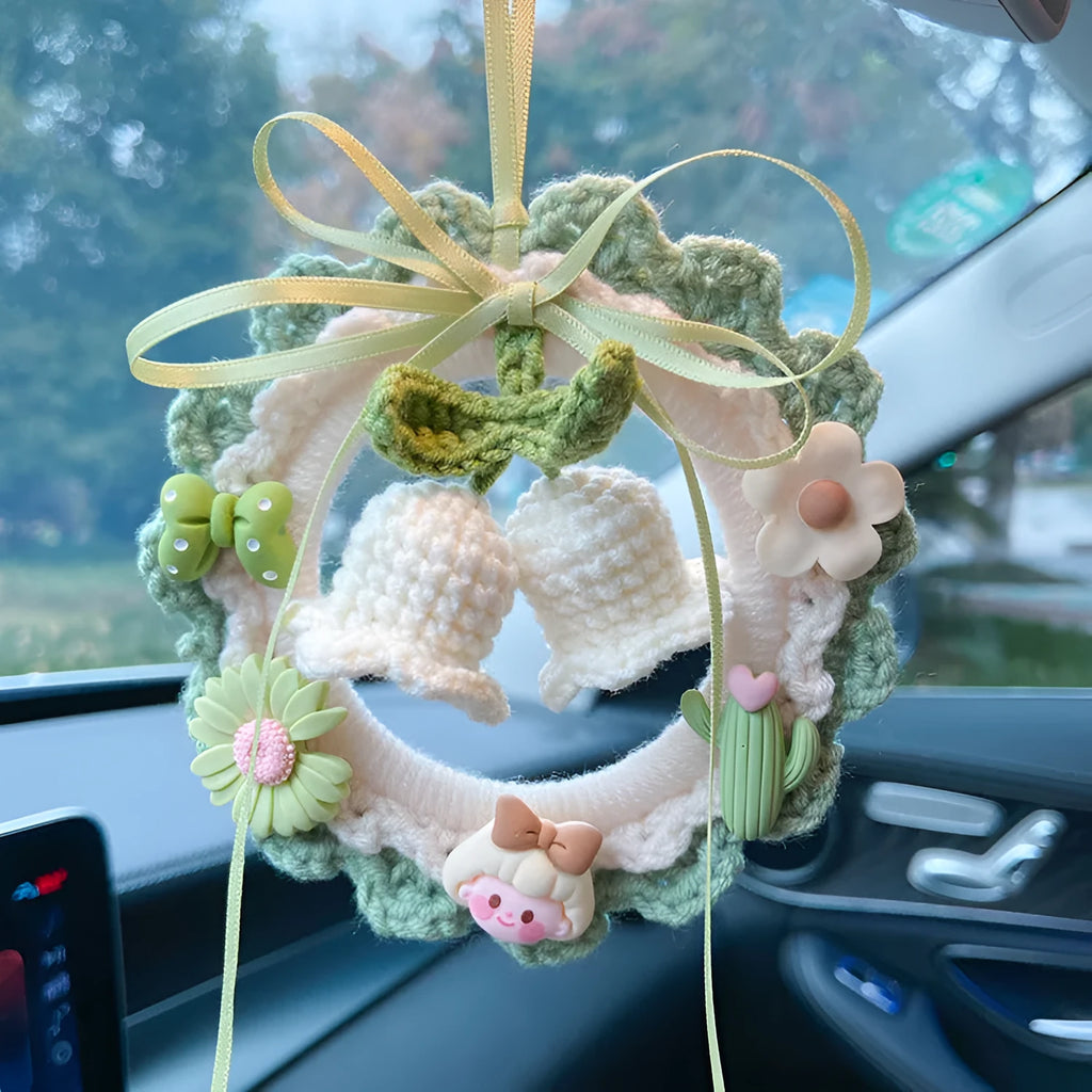 Handwoven wool bell orchid car pendant in fresh style for vehicle decoration