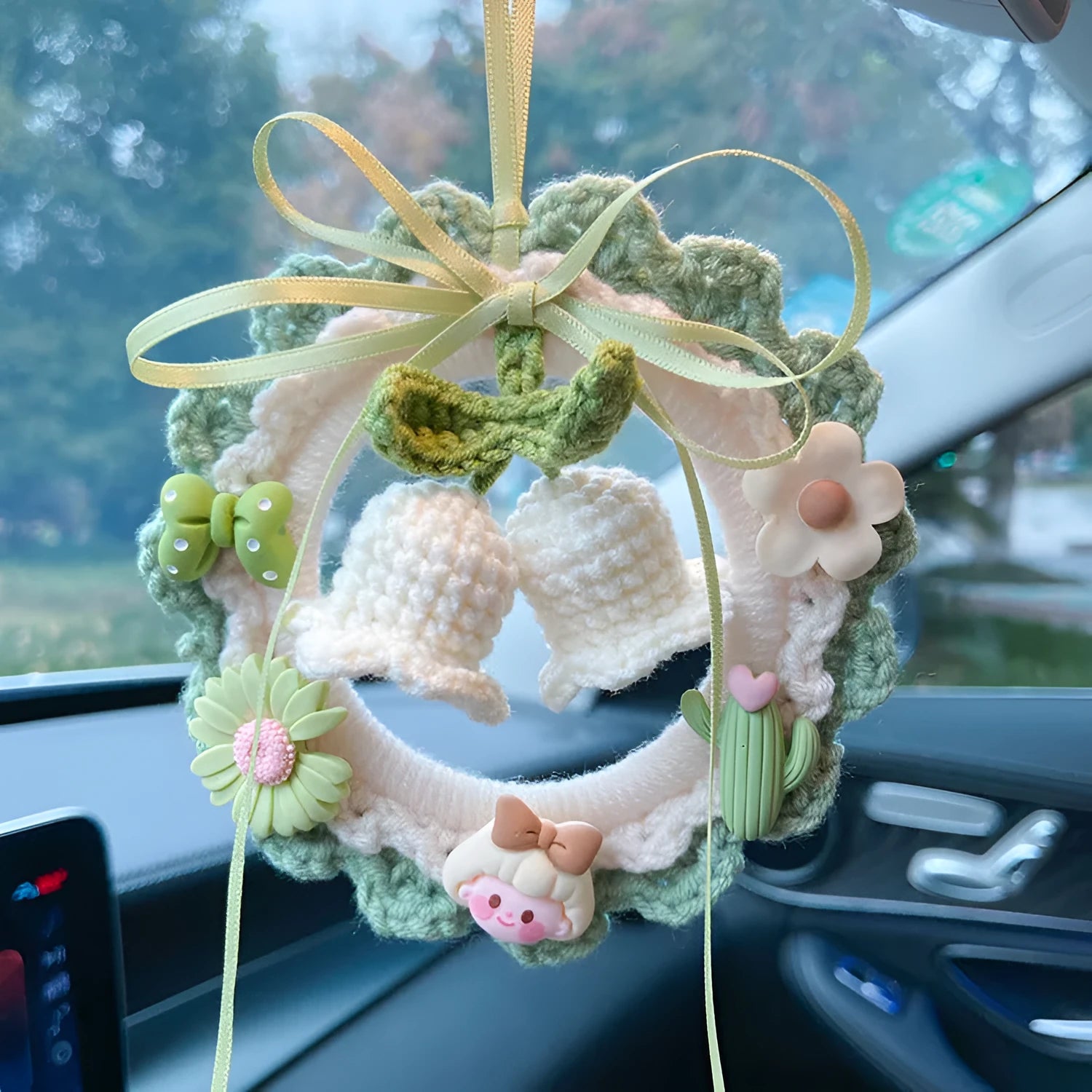 Handwoven wool bell orchid car pendant in fresh style for vehicle decoration