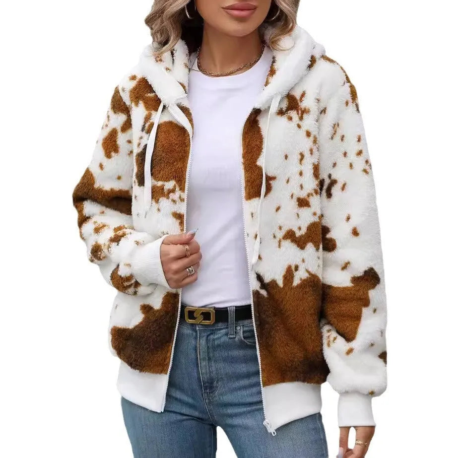 Yellow brown cow print plush cardigan jacket with hood and front zip.