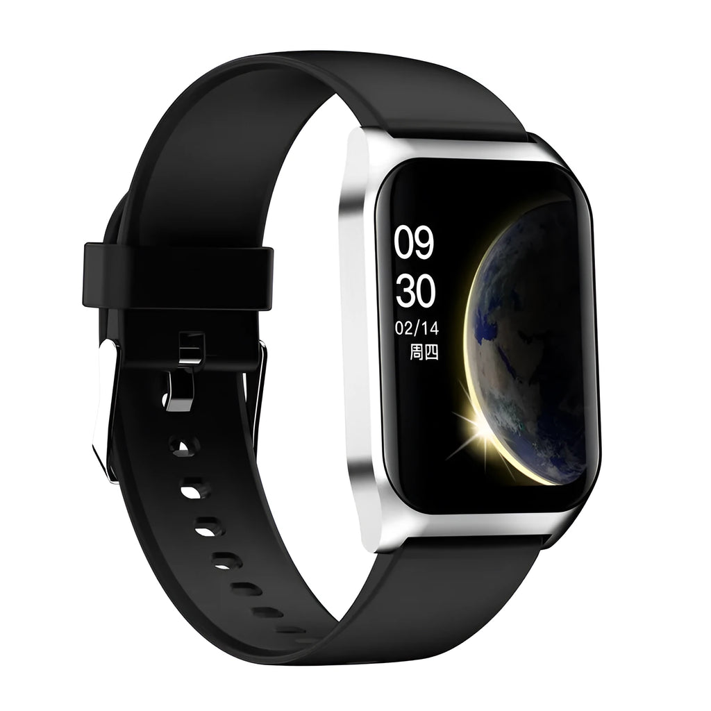 Black and silver smart watch with heart rate monitor on a silicone wrist strap, showing a 1.69-inch display