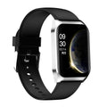 Black and silver smart watch with heart rate monitor on a silicone wrist strap, showing a 1.69-inch display