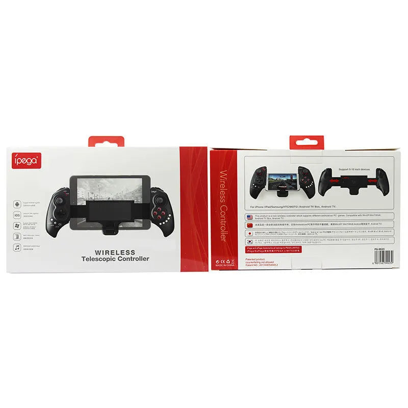 Black wireless telescopic game controller extended to hold a mobile phone, with buttons and joysticks visible.
