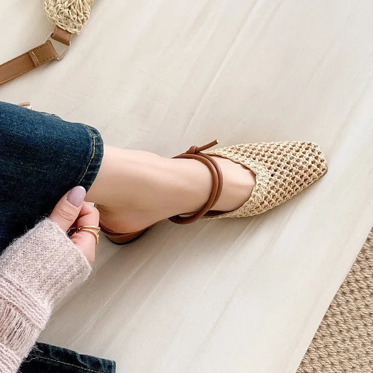 Women's square toe casual slippers with retro thick heel and hollow-out breathable design