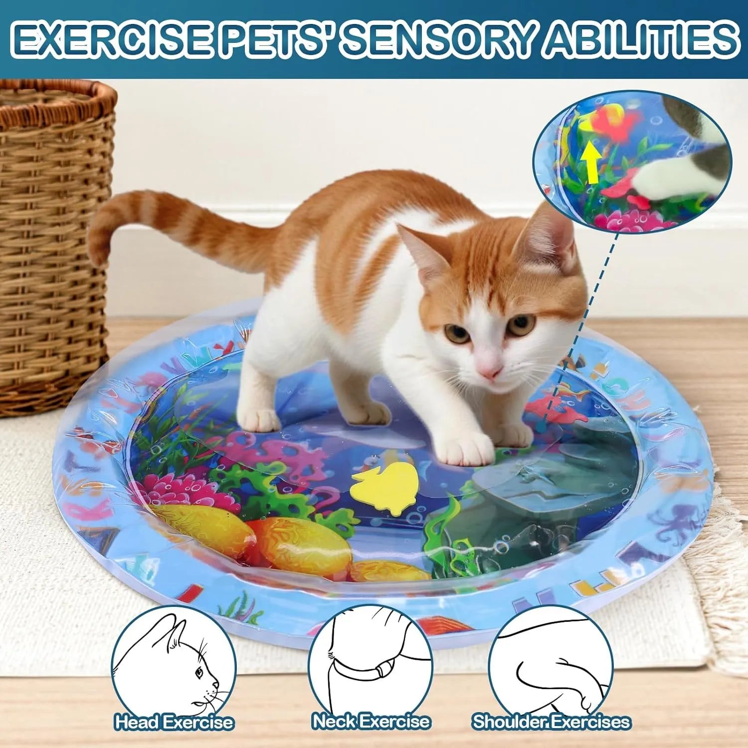 Thickened PVC water sensory playmat for cats and dogs with floating fish toys on a blue background