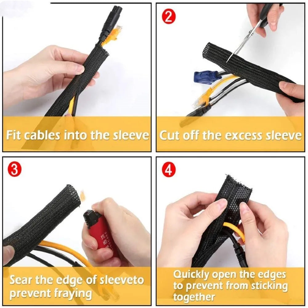 Black self-winding polyester mesh sleeve for protecting automotive wires and cables.