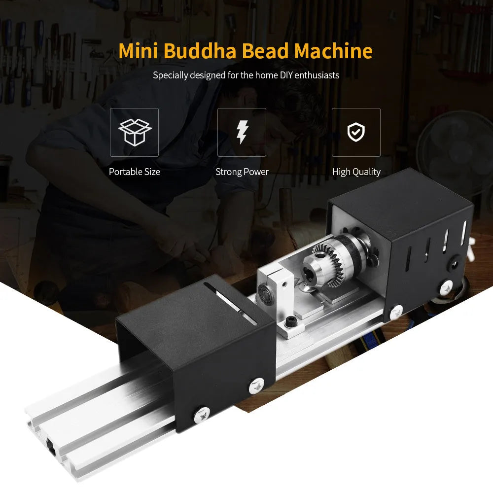 Silver metal mini manual woodworking lathe with carving knives on a bench