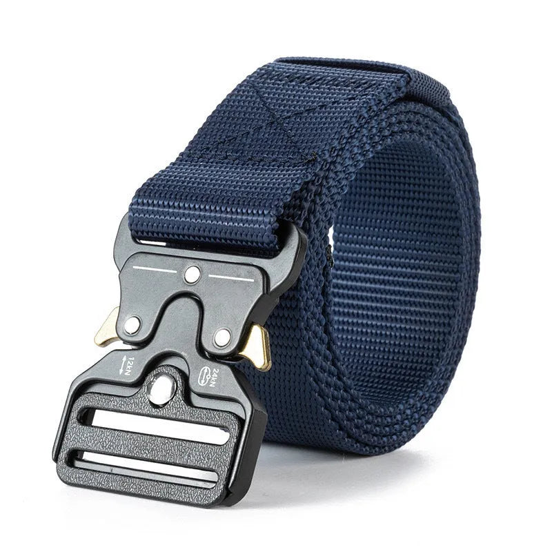 Men's canvas tactical belt with alloy buckle in Army Green colour showing length and buckle detail
