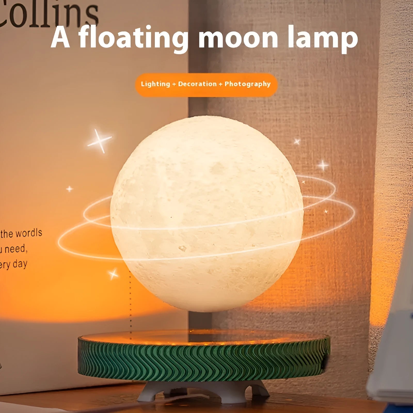 Magnetic suspension moon night lamp floating above its base with soft white glow.