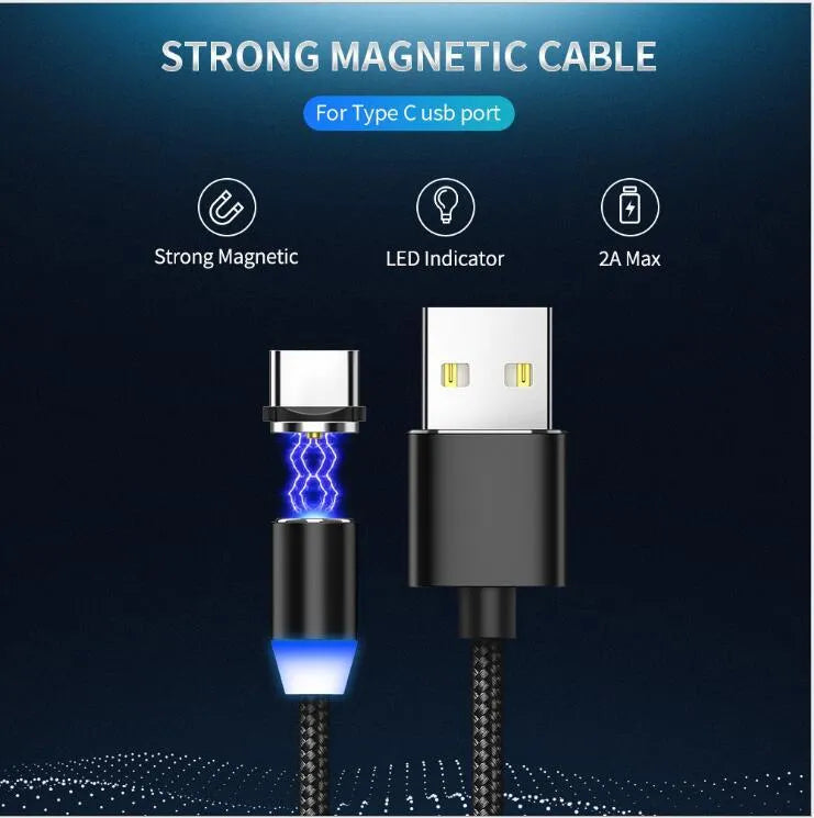 Black braided magnetic USB charging cable with LED light and aluminium connector.