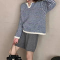 Women's striped cashmere pullover sweater in blue with plaid pattern details