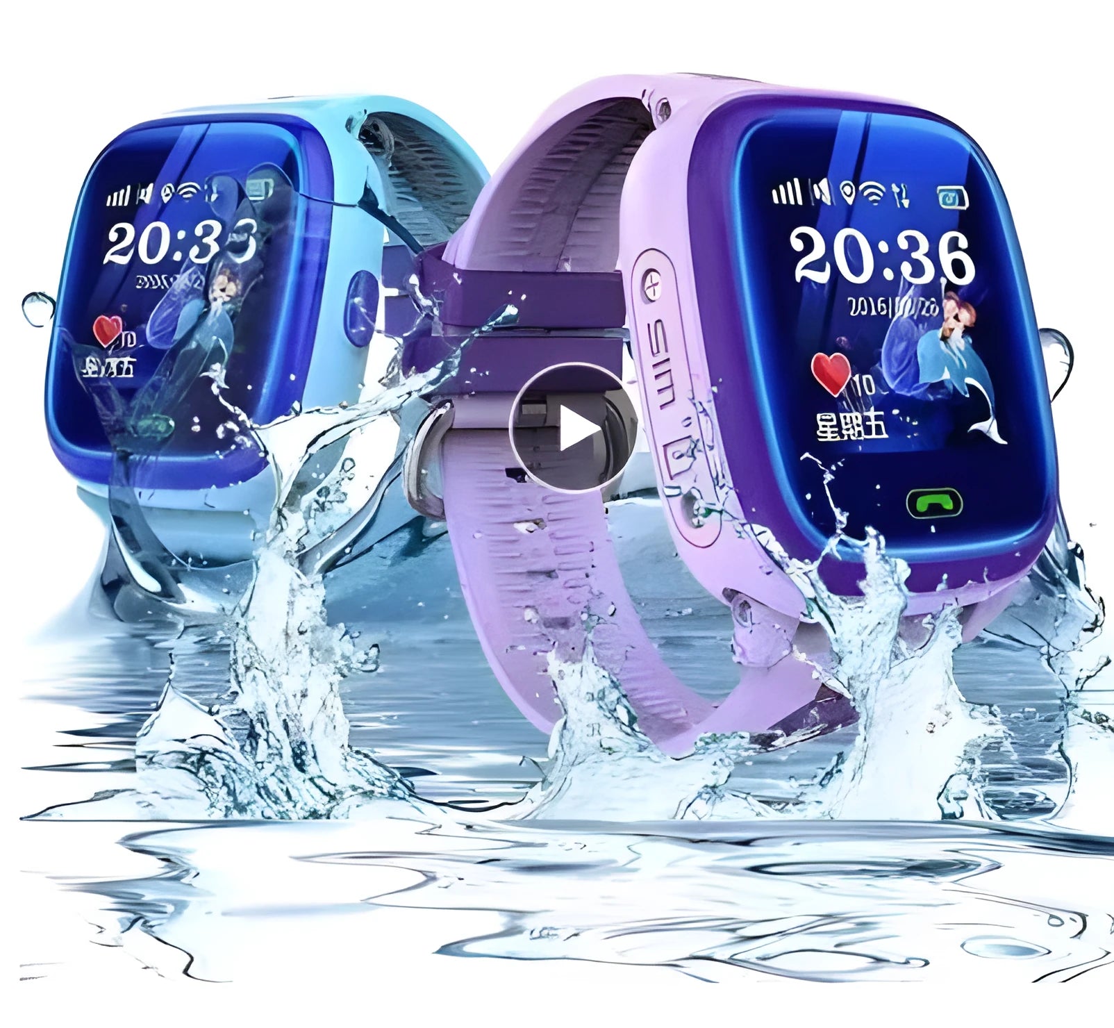 Blue children's waterproof smart watch with GPS tracking and touch screen display on silicone wristband