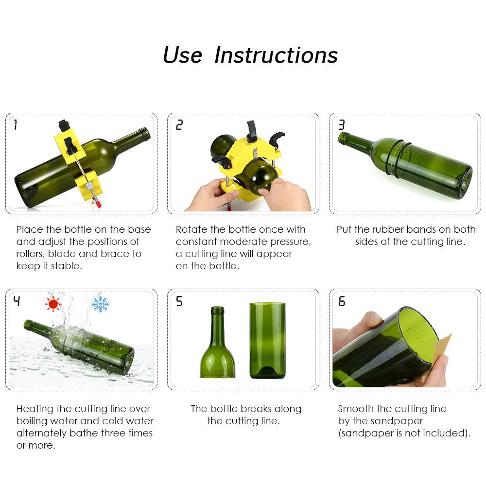 Yellow bottle cutter tool for glass bottles 50mm to 120mm diameter with adjustable cutting mechanism