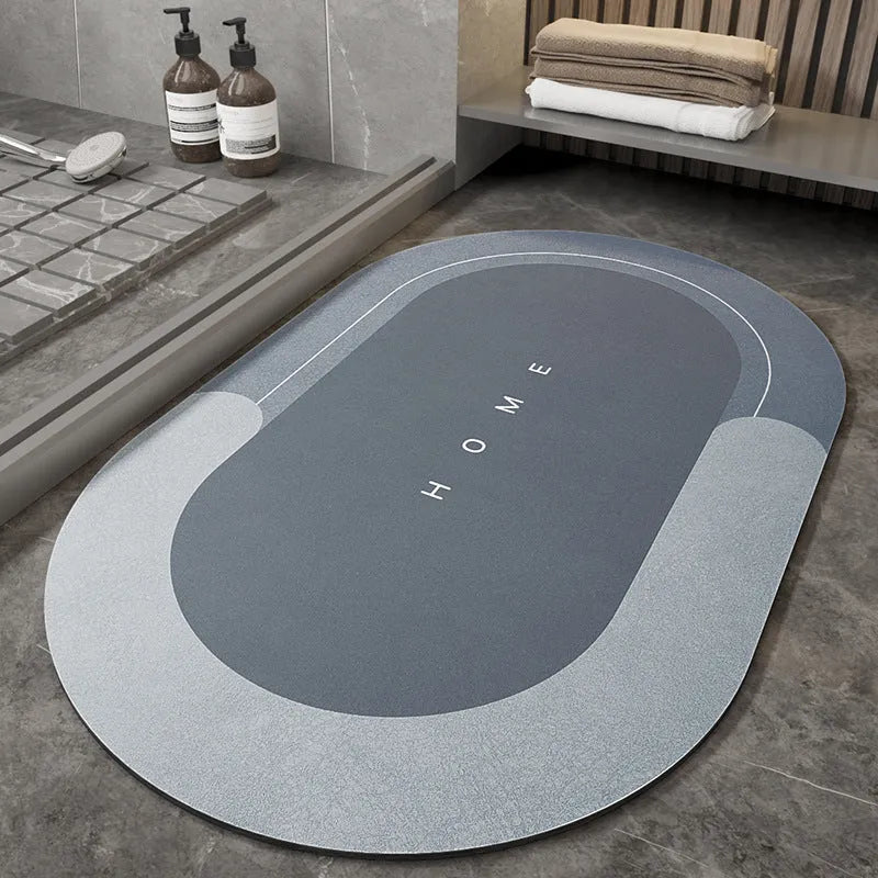 Blended material floor mat in blue colour with oval shape on bathroom floor