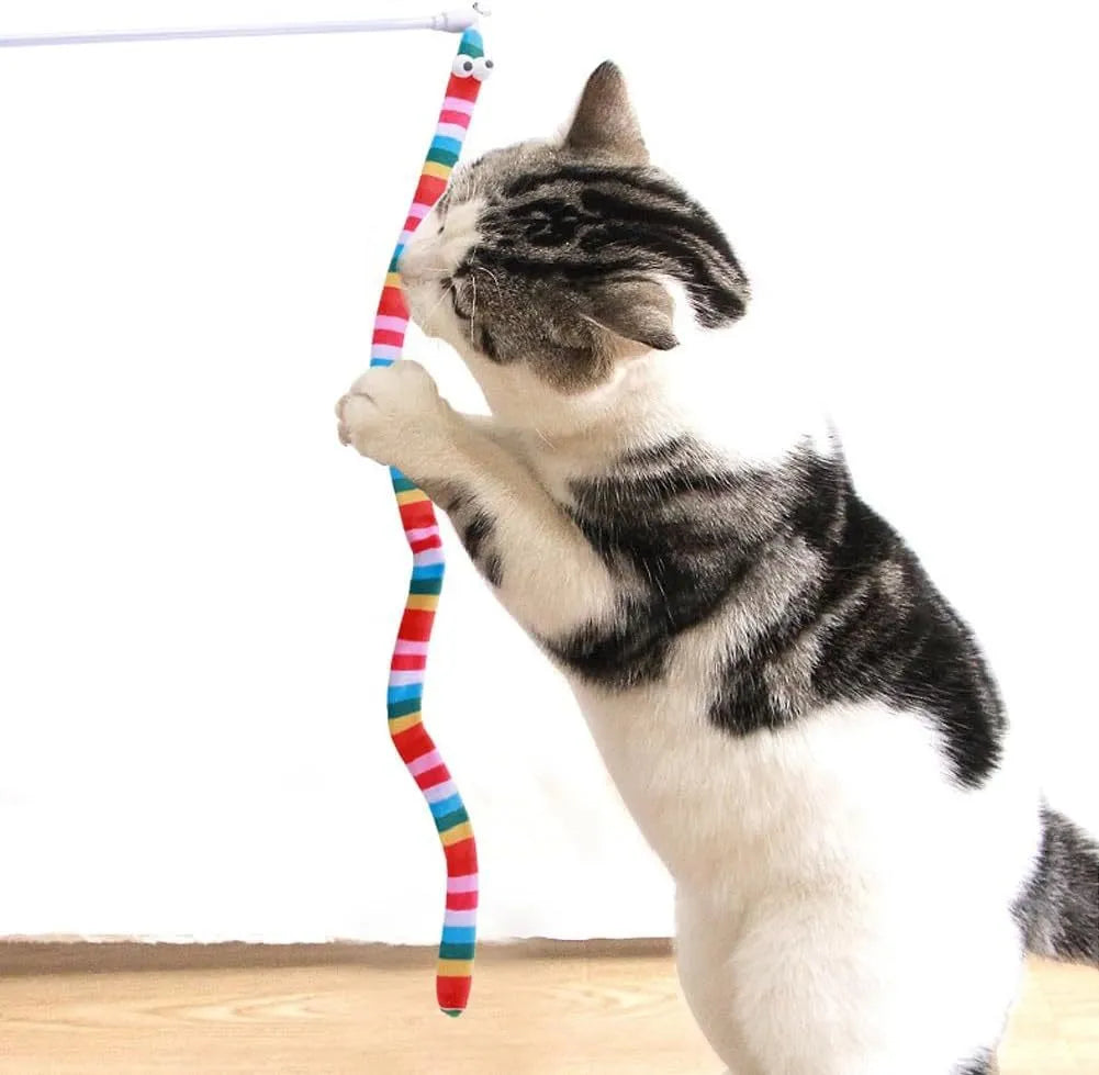 Cat wand toy with polycarbonate handle and long plush strip in vibrant colours