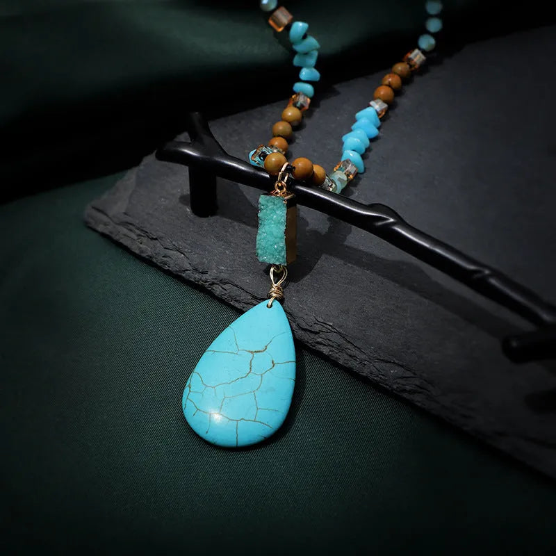 Turquoise water drop pendant necklace with mixed gem inlaid design and ball bead chain