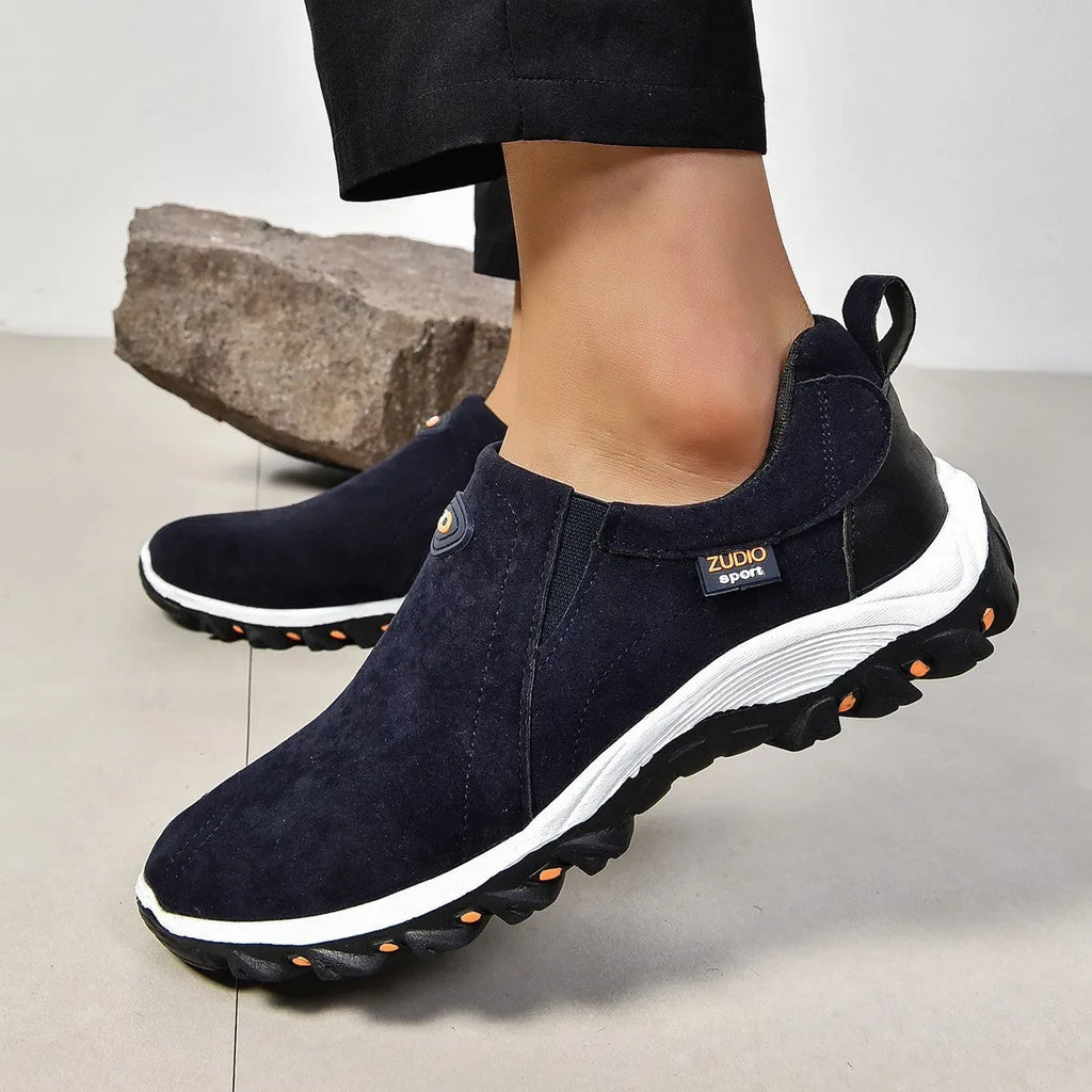 Men's grey thin slip-on oversleeve shoes with round toe and rubber sole