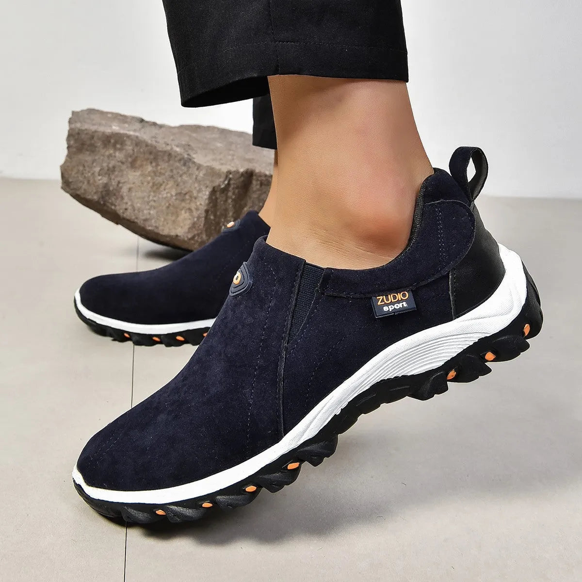 Men's grey thin slip-on oversleeve shoes with round toe and rubber sole