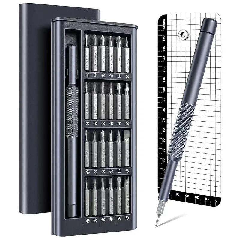25-in-one magnetic screwdriver set with chrome vanadium bits and two black knurled handles.
